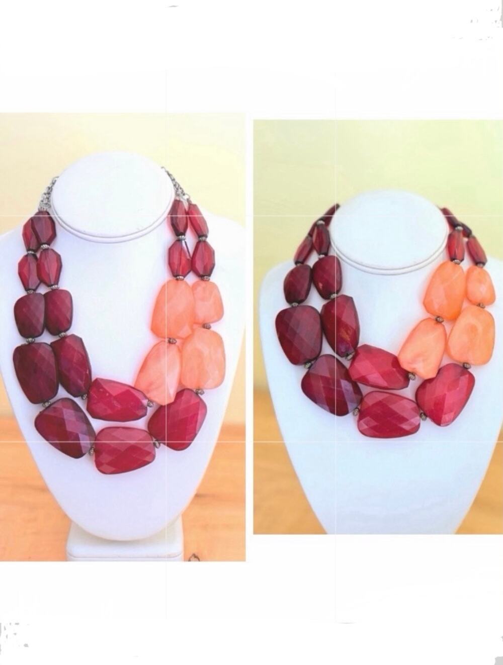 Chunky Burgundy Peach Bib Collar Beaded Statement Necklace Block Large Oversized